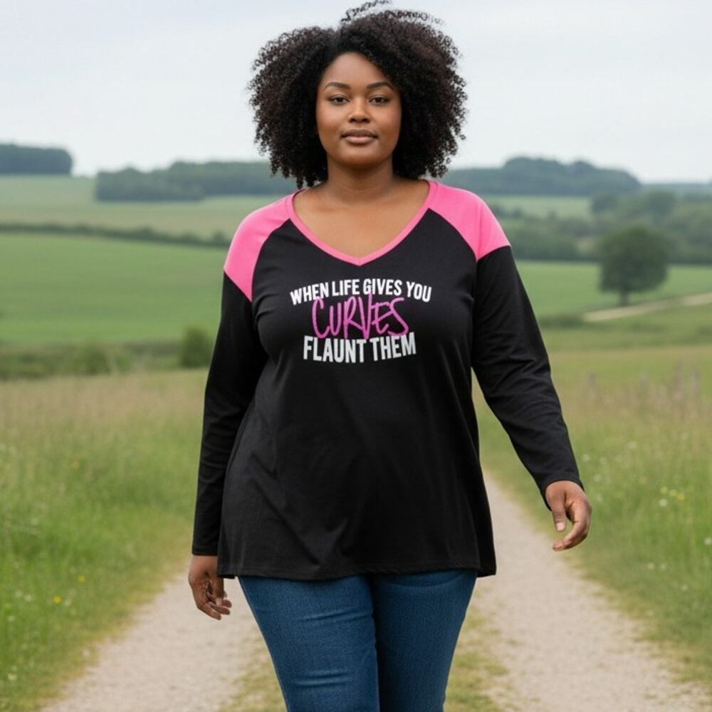 LB Active Shirt Womens 22/24 Black Pink Curves Graphic Long Sleeve Tee Plus